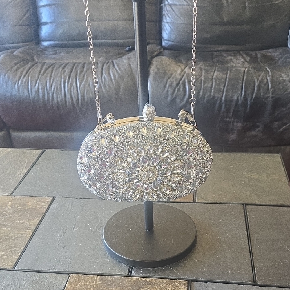 Silver Crystal Embellished Oval Evening Clutch with Chain